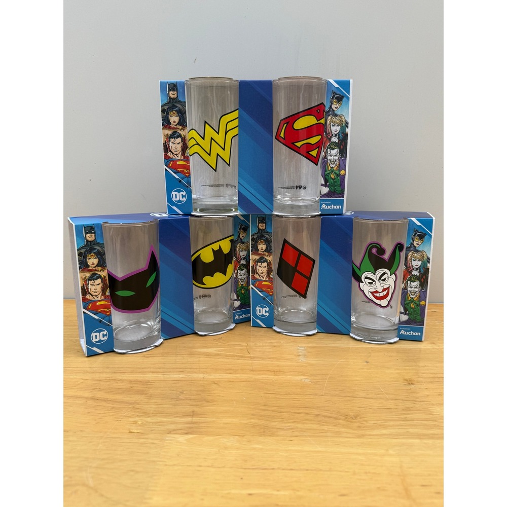 DC Comics Justice League & Villains 6pc Glass Set Superman Batman Joker Auchan
